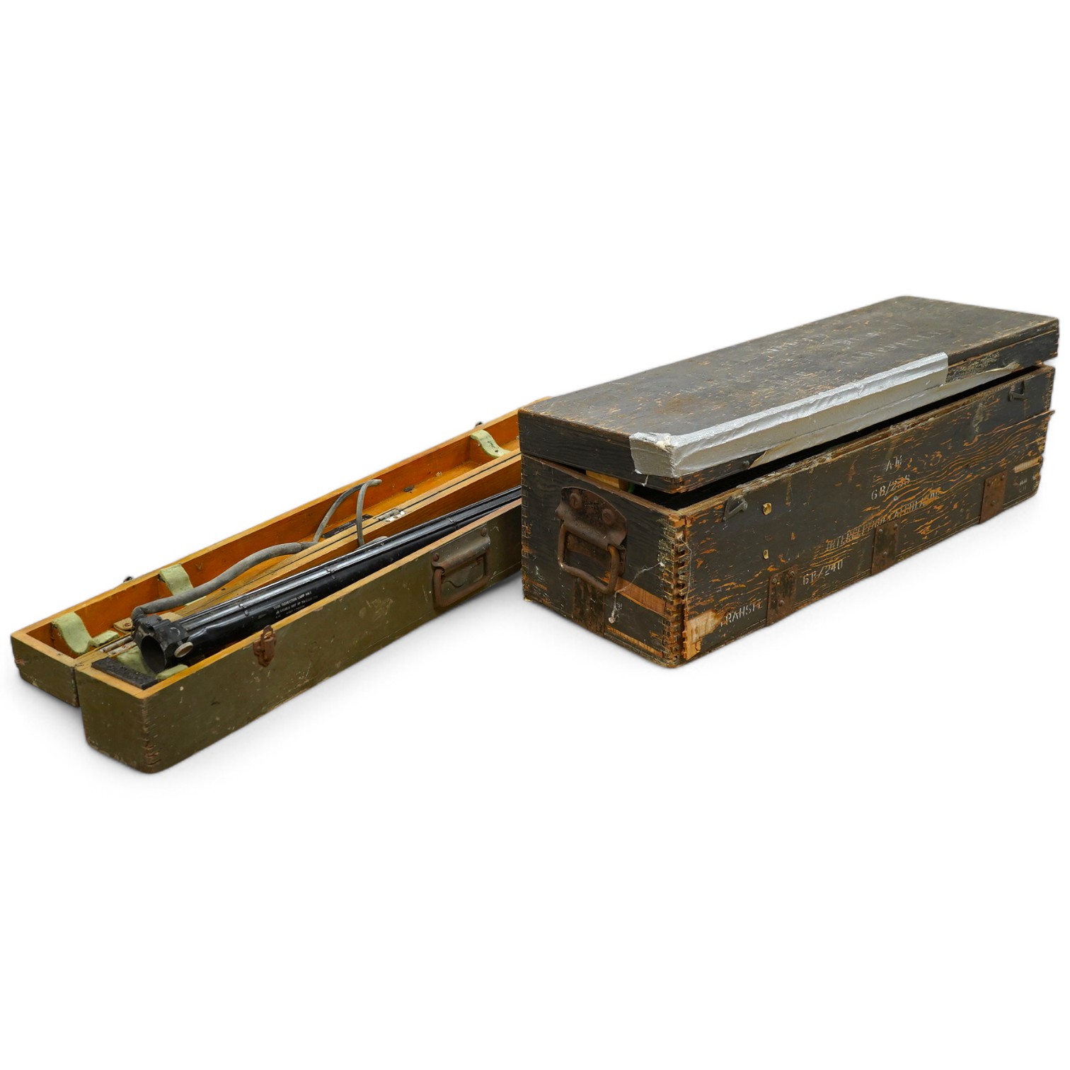 An Air Ministry First World War cased tank inspection lamp, 78cm long, together with a cased Air Ministry Interception Calculator, plywood case; 71cm wide, 24cm deep, 24cm high. Condition poor to fair.